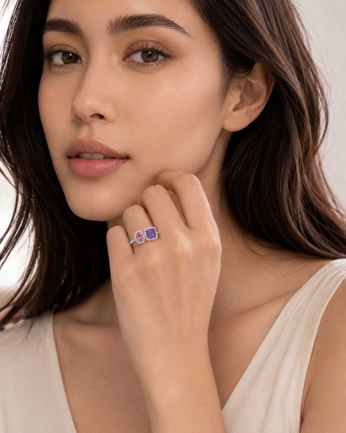 Toi et Moi Pink Tourmaline & Amethyst Diamond Halo Ring in Platinum (JJ538)
