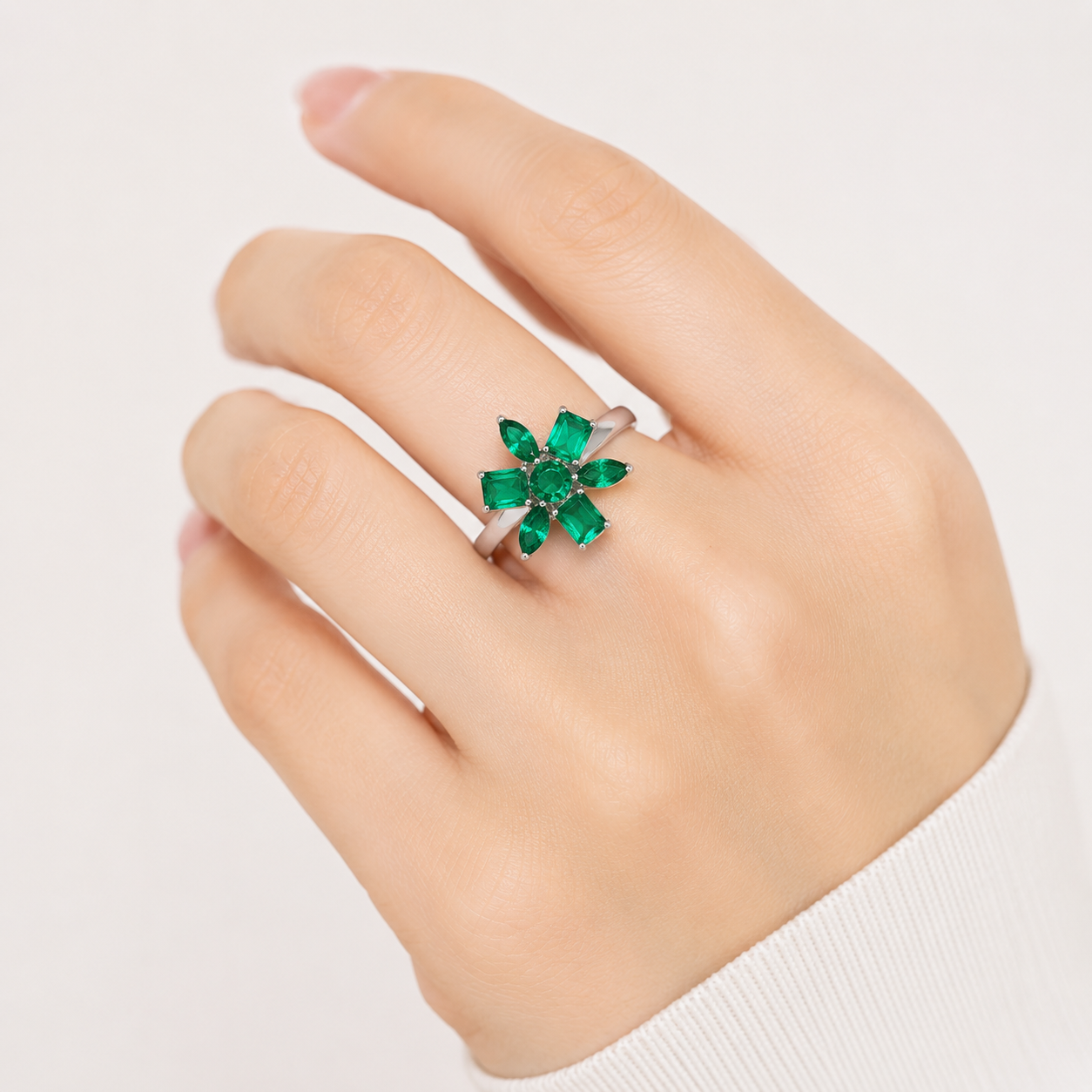 Emerald Floral Bloom Ring in Platinum (R2198)