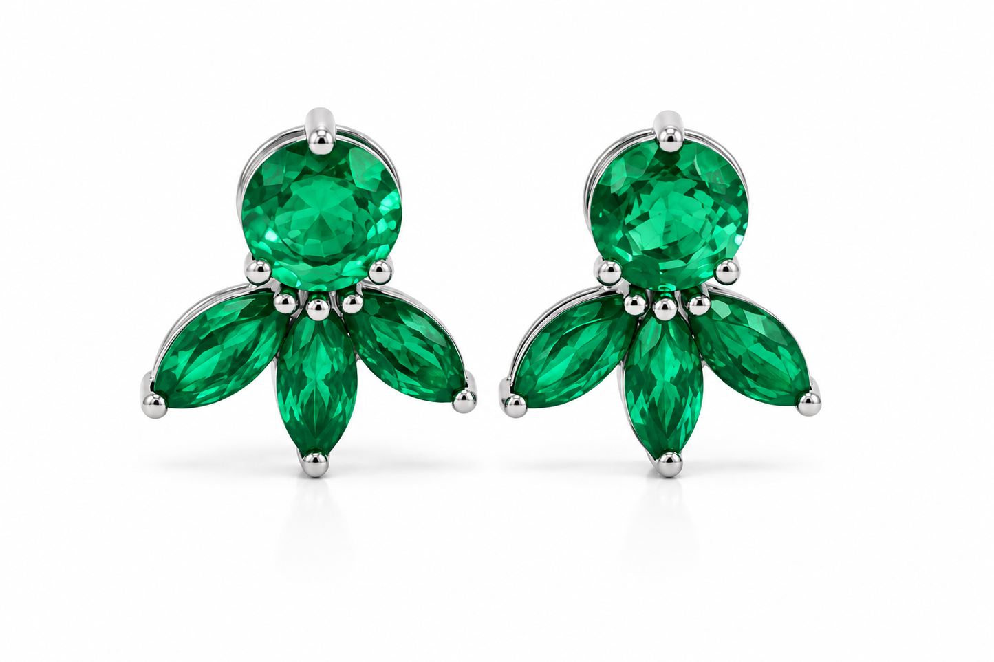 Emerald Floral Bloom Stud Earrings in Platinum (E0487)