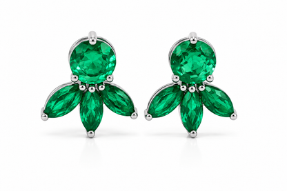 Emerald Floral Bloom Stud Earrings in Platinum (E0487)