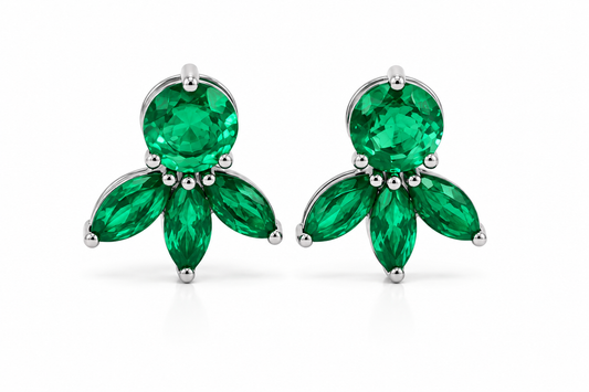 Emerald Floral Bloom Stud Earrings in Platinum (E0487)