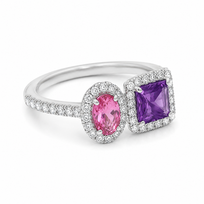 Toi et Moi Pink Tourmaline & Amethyst Diamond Halo Ring in Platinum (JJ538)