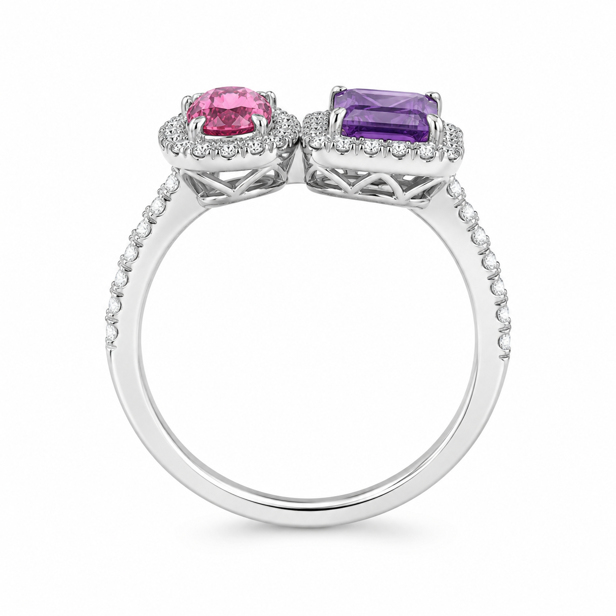 Toi et Moi Pink Tourmaline & Amethyst Diamond Halo Ring in Platinum (JJ538)