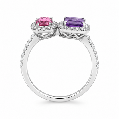 Toi et Moi Pink Tourmaline & Amethyst Diamond Halo Ring in Platinum (JJ538)