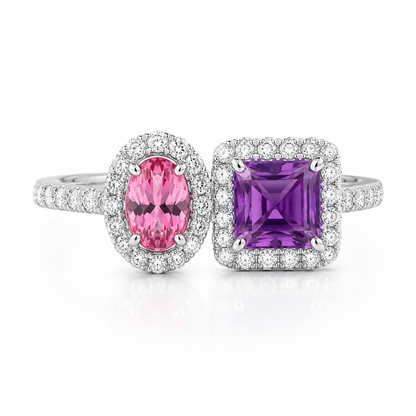 Toi et Moi Pink Tourmaline & Amethyst Diamond Halo Ring in Platinum (JJ538)