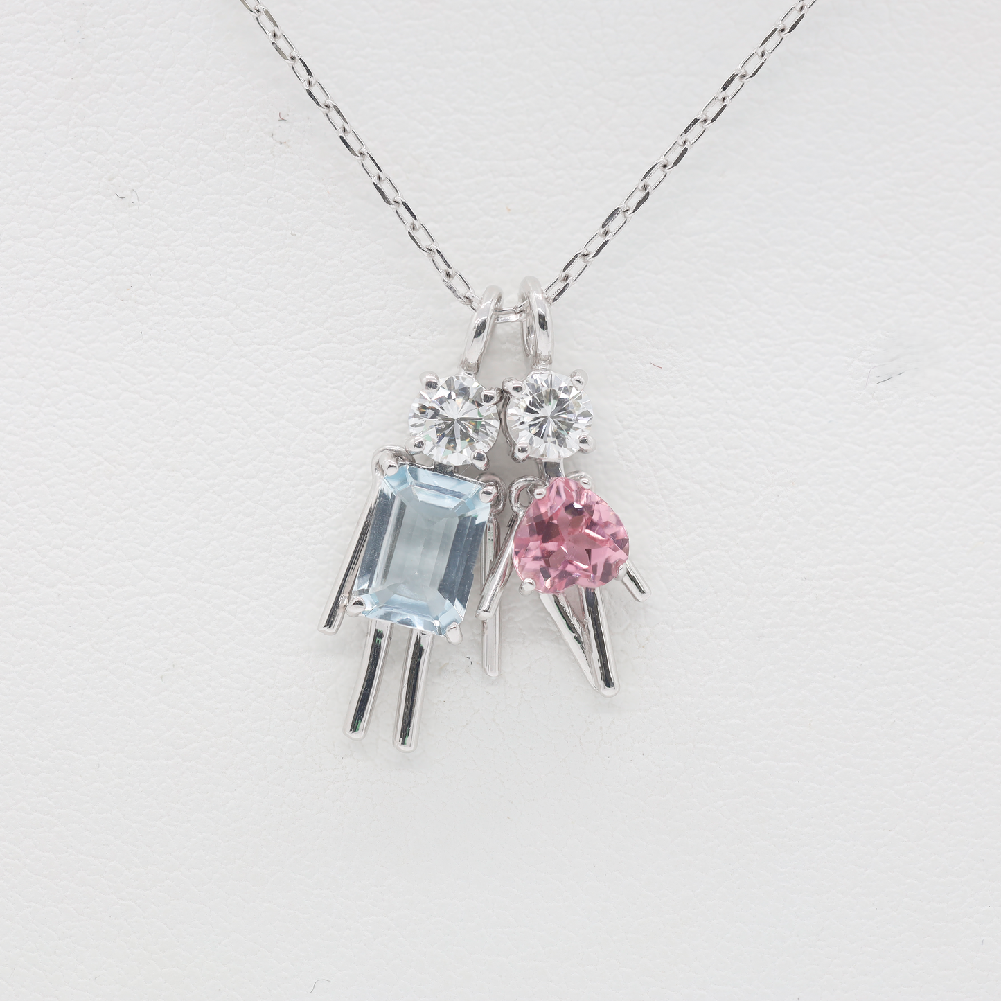 Ichi-Ni Dancing Couple Pendant Necklace with Aquamarine, Pink Tourmaline & Diamonds in PT (P2344CH)