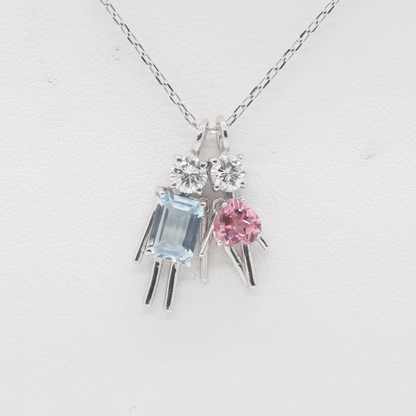 Ichi-Ni Dancing Couple Pendant Necklace with Aquamarine, Pink Tourmaline & Diamonds in PT (P2344CH)
