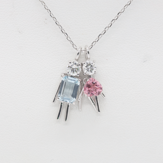 Ichi-Ni Dancing Couple Pendant Necklace with Aquamarine, Pink Tourmaline & Diamonds in PT (P2344CH)