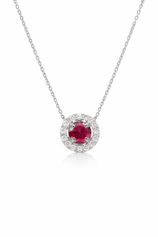 K18 White Gold Ruby & Diamond Halo Pendant – A Moment of Radiance(P2272CH-9)