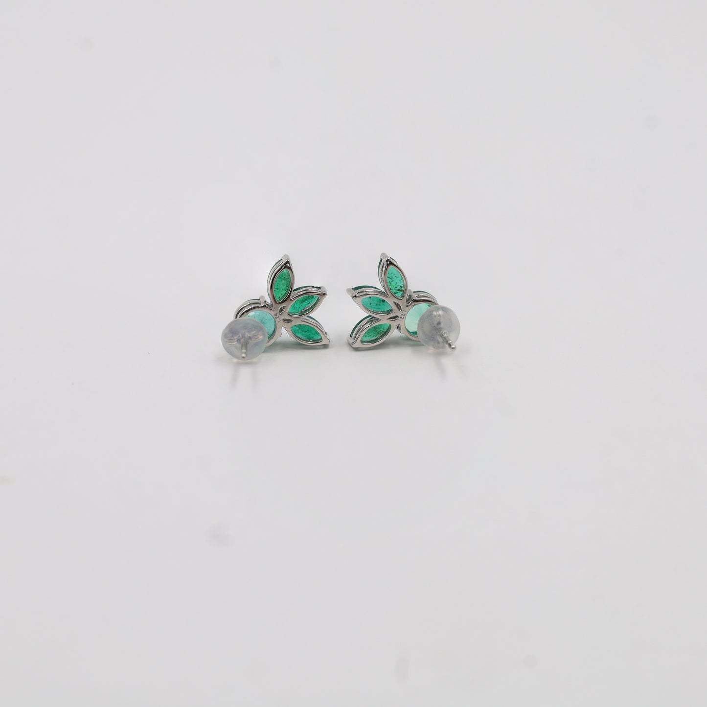 Emerald Floral Bloom Stud Earrings in Platinum (E0487)