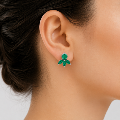 Emerald Floral Bloom Stud Earrings in Platinum (E0487)